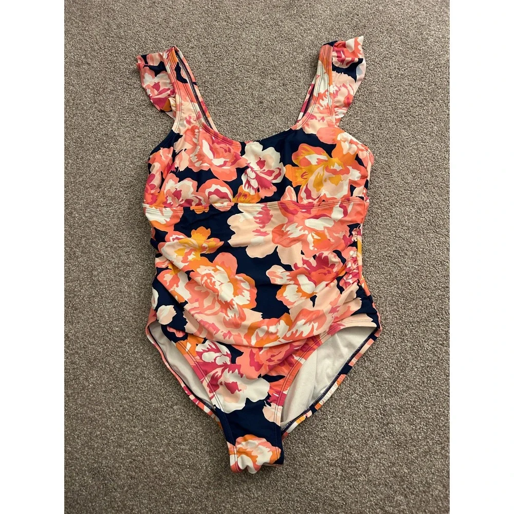 Kona Sol One Piece Swimsuit Women XL 16 Navy Pink Floral Ruffle Ruched Excellent